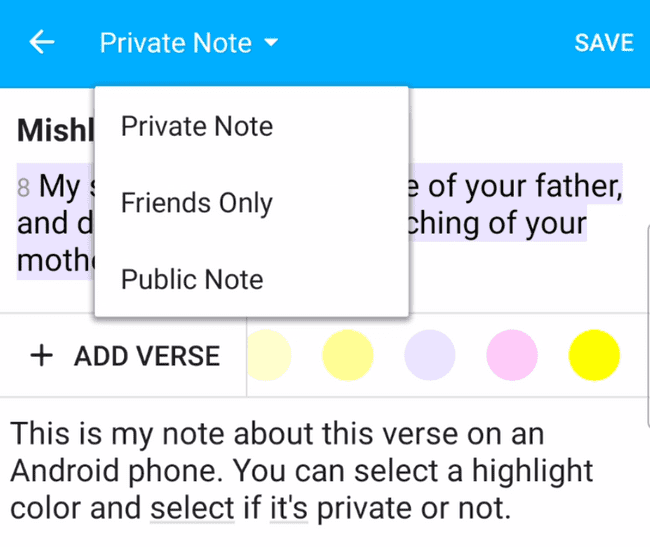 ChristianBytes.com - YouVersion Bible App showing note taking on the Android version of the app
